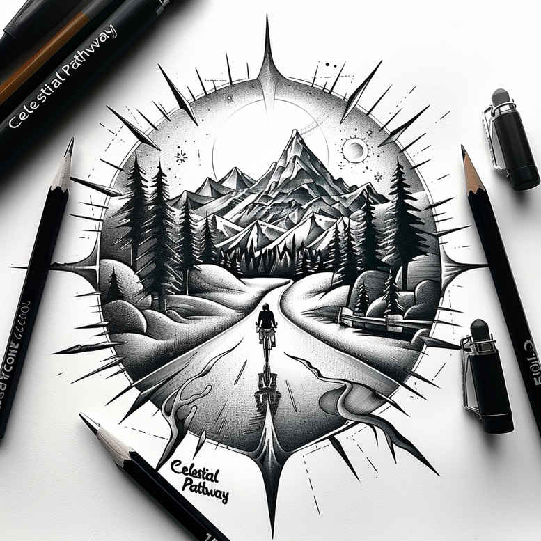 path-travel-symbol – tattoo design ideas free ai generated – surrealism-visual-paradox – for-elbow – Gallery: path-road-inkby-ai