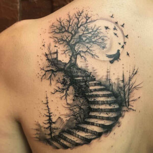 path-with-geometric-pattern – tattoo design ideas free ai generated – realism-textured-skin – for-upper-back – Gallery: path-road-inkby-ai