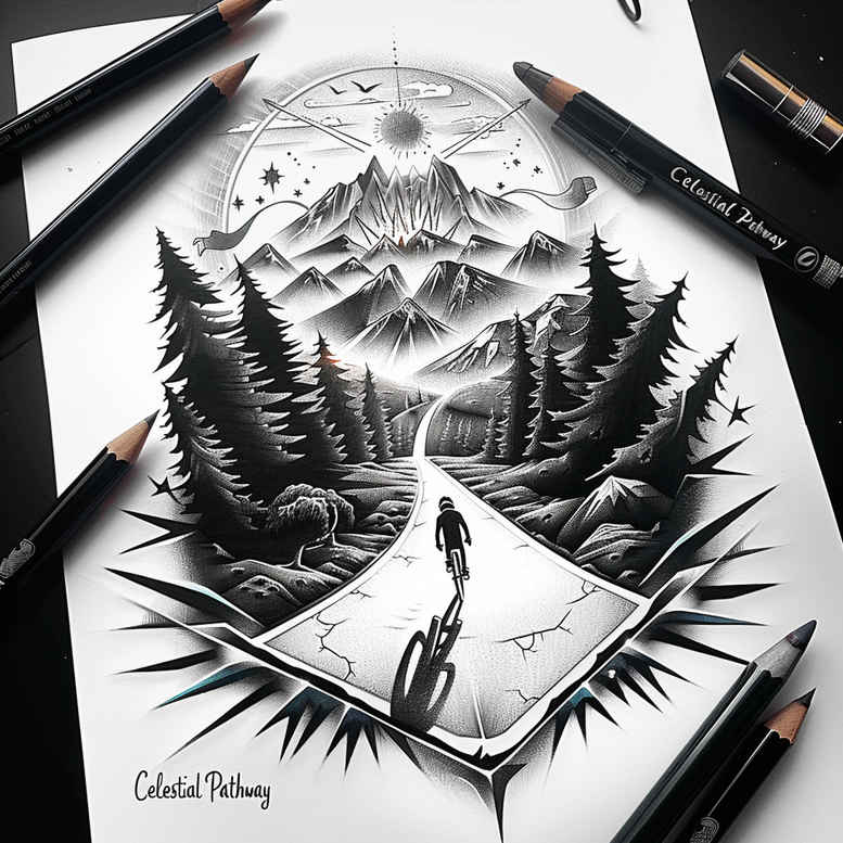 path-with-nature-motif – tattoo design ideas free ai generated – surrealism-vibrant-contrasts – for-neck – Gallery: path-road-inkby-ai