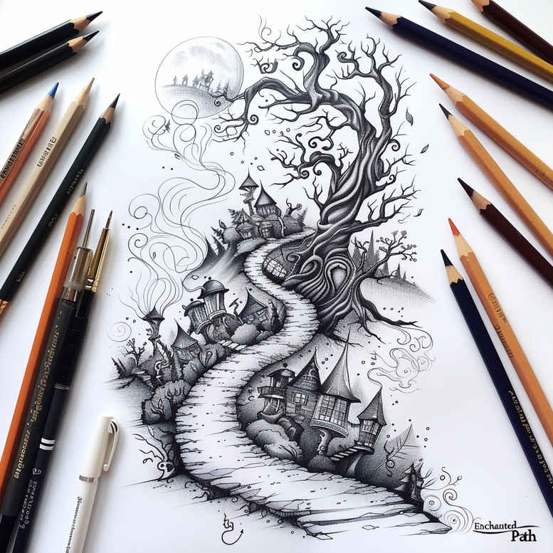 path-with-ornamental-details – tattoo design ideas free ai generated – surrealism-otherworldly – for-back-shoulder – Gallery: path-road-inkby-ai