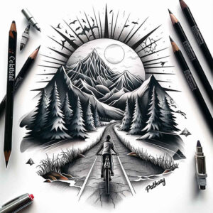 path-with-shadow-and-light – tattoo design ideas free ai generated – neotraditional-dynamic-color – for-shin – Gallery: path-road-inkby-ai