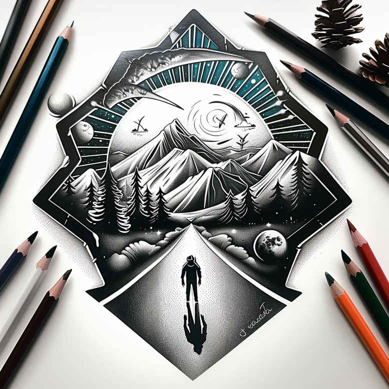 path-with-shadow-and-light – tattoo design ideas free ai generated – realism-focal-blur – for-lower-chest – Gallery: path-road-inkby-ai
