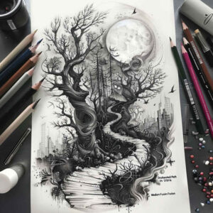 path-with-softness – tattoo design ideas free ai generated – realism-realistic-shadowing – for-chest – Gallery: path-road-inkby-ai