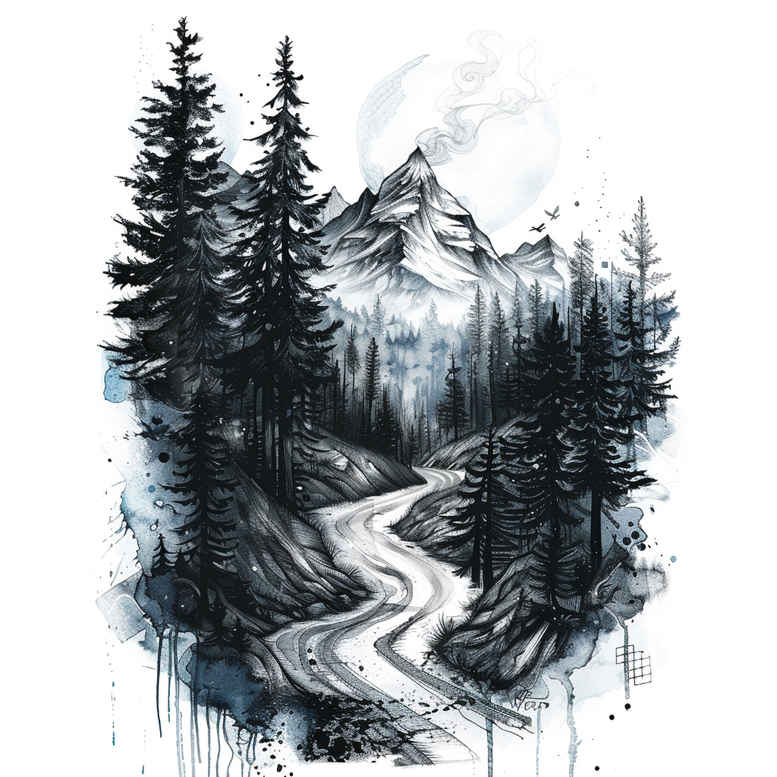 road-in-forest – tattoo design ideas free ai generated – neotraditional-color-depth – for-hip – Gallery: path-road-inkby-ai