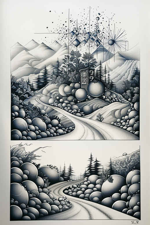 road-in-mountains – tattoo design ideas free ai generated – neotraditional-smooth-gradients – for-lower-chest – Gallery: path-road-inkby-ai