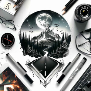 road-tattoo – tattoo design ideas free ai generated – neotraditional-balanced-tones – for-behind-ear – Gallery: path-road-inkby-ai