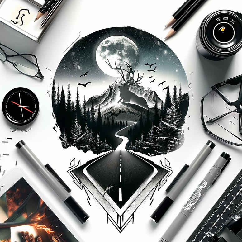 road-tattoo – tattoo design ideas free ai generated – neotraditional-balanced-tones – for-behind-ear – Gallery: path-road-inkby-ai