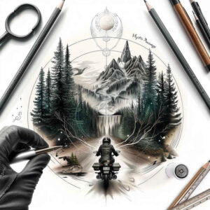 path-road tattoo design ideas CGI-rendered calm determination and power