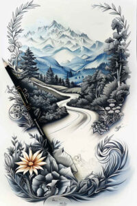 path-road tattoo design ideas Surrealism melting forms forest path meaning resilience