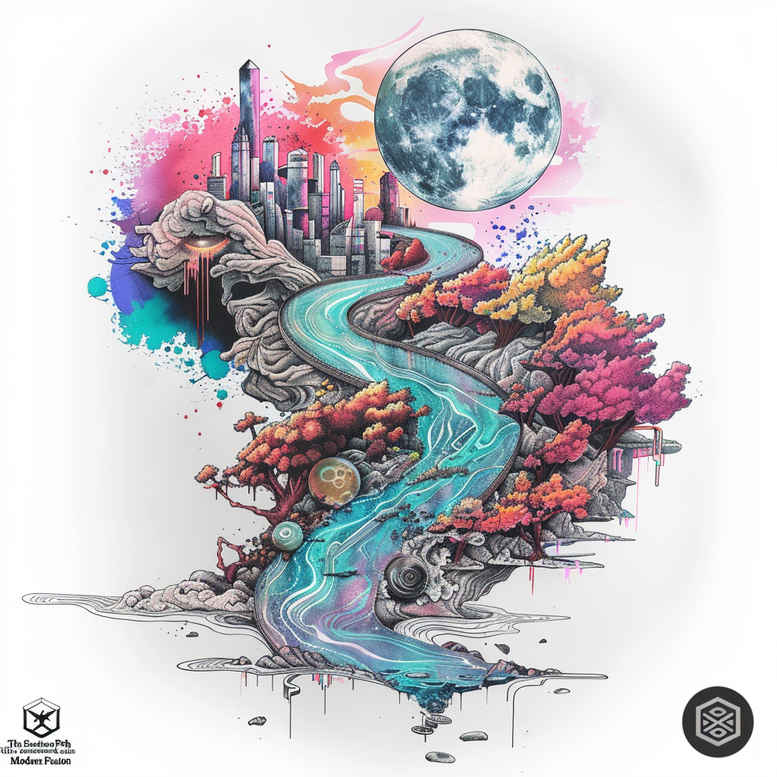 path-road tattoo design ideas Surrealism visual paradox hike for lower back