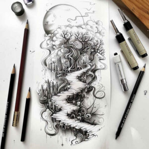 path-road tattoo design ideas Realism reflection effect journey endurance and power