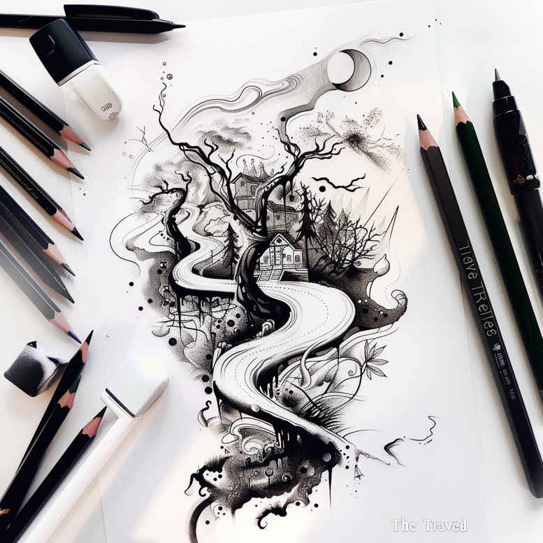 symbolic-path-tattoo-realism-clean-whites-for-behind-ear – tattoo design ideas free ai generated – Gallery: path-road-inkby-ai