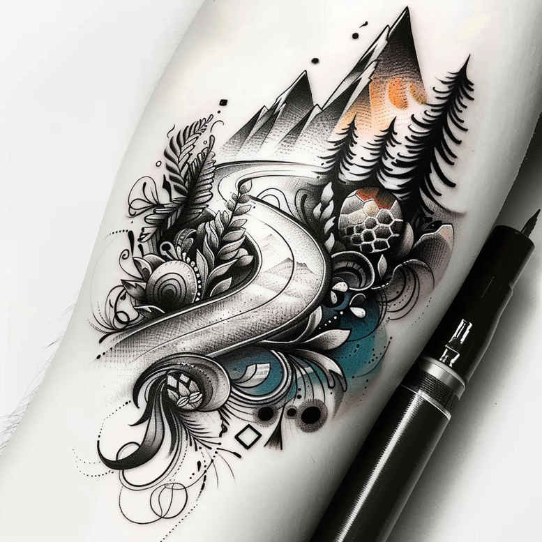 minimalist-path-tattoo-realism-natural-tones-for-thigh – tattoo design ideas free ai generated – Gallery: path-road-inkby-ai