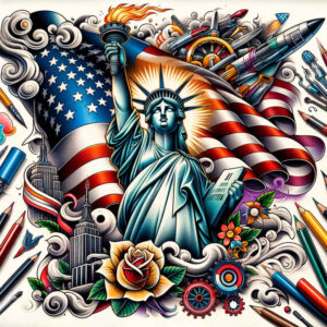 patriotic-memory-tattoo – tattoo design ideas free ai generated – neotraditional-contoured-forms – for-lower-chest – Gallery: patriotic-inkby-ai