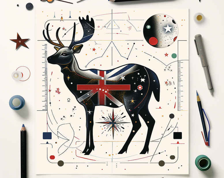 Deer silhouette with black-grey galaxy fill featuring stars and moon on a drafting board; visible tools include compass, pencils, brush, and ruler; AI-generated tattoo project for cover-up.