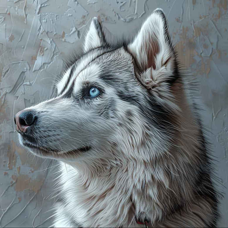 Husky portrait in color with blue eye, white and gray fur, against a textured wall; project idea for a tattoo design.