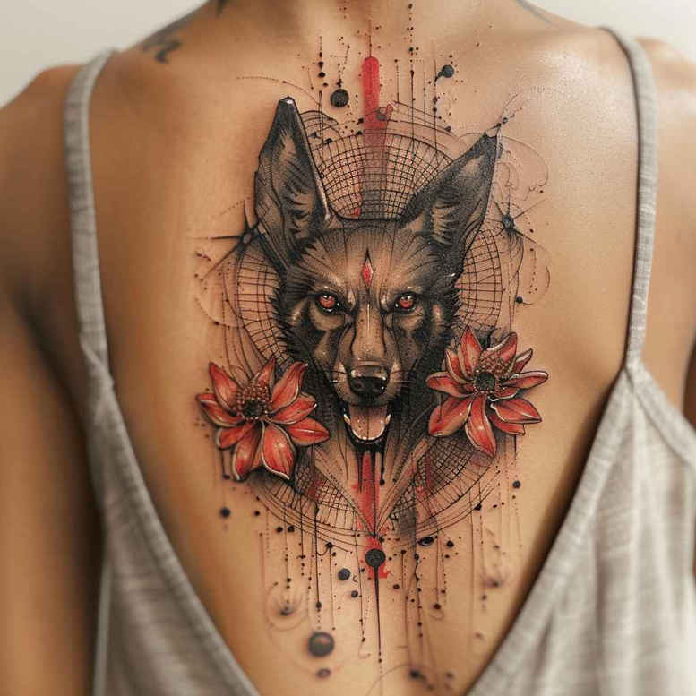 Back tattoo design: a dark, realistic wolf head with red flowers and watercolor splatter; project for cover-up.