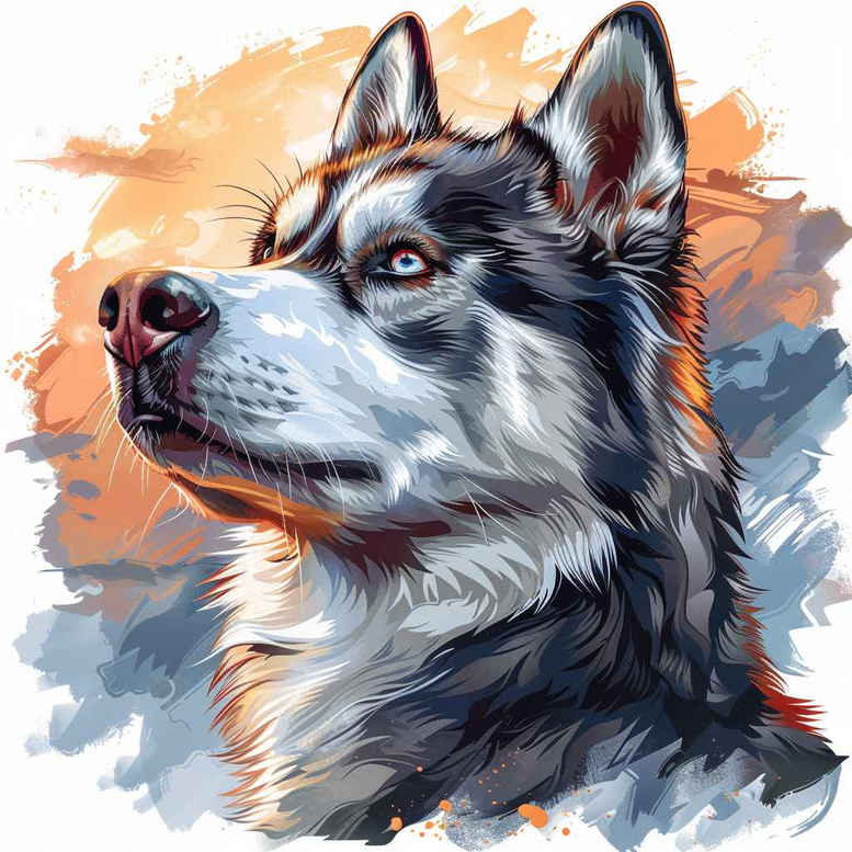Dog portrait in blue-gray fur with orange background; tattoo design idea; suitable for cover-up: no.