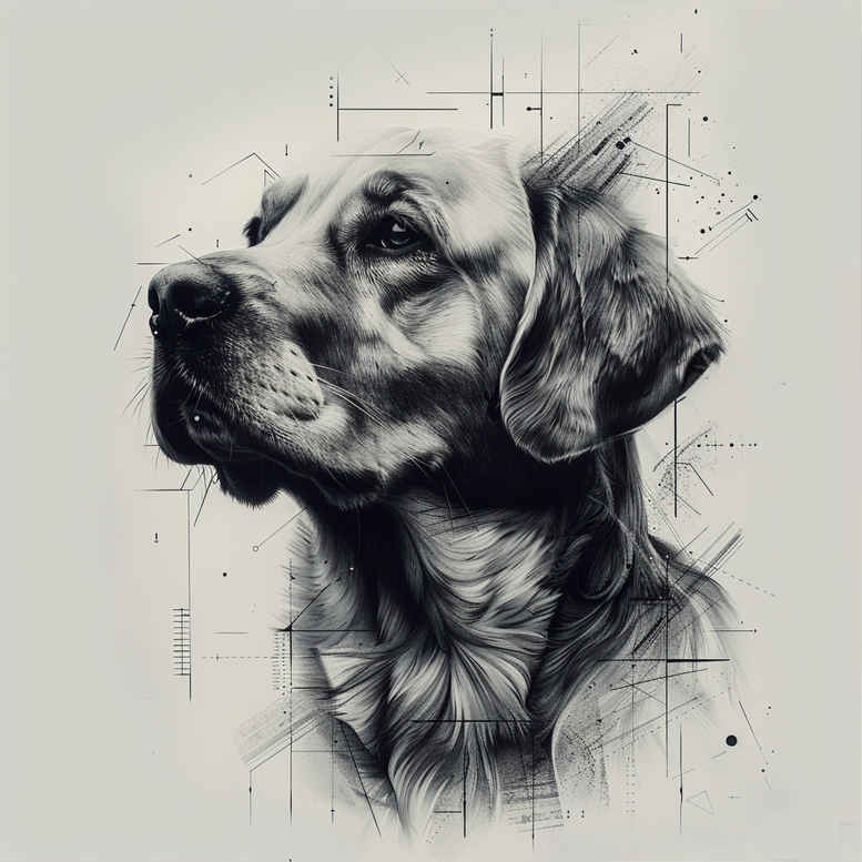 Dog head portrait in black and grey with fine line geometric pattern; includes ear and eye, tattoo project concept, suitable for cover-up.