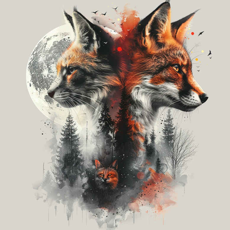 Two fox heads in a watercolor forest scene, orange, black and grey; AI-generated tattoo project idea, suitable for a cover-up.