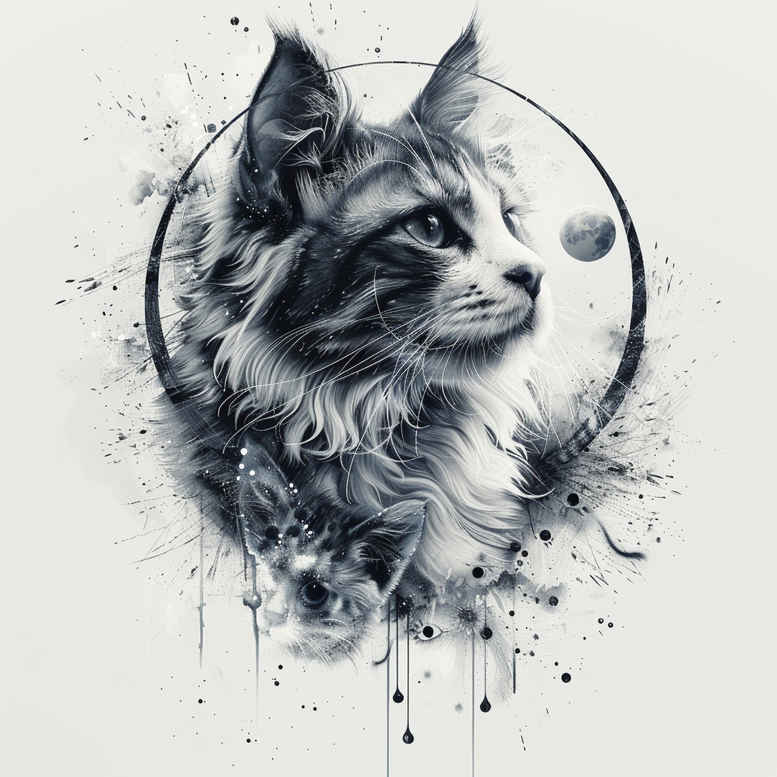 Cat portrait inside a circular black ink frame with gray watercolor splashes; tattoo design concept, project idea; not ideal for cover-up.
