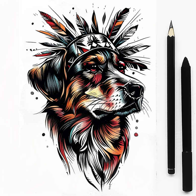 Wolf head with spiky mane, red accents; black and grey shading; project idea; cover-up suitable.