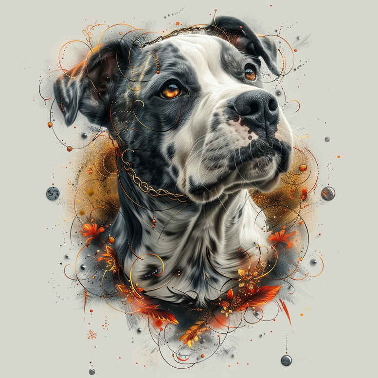 Dog portrait in black and white with orange watercolor splashes; project idea; not ideal for cover-up.