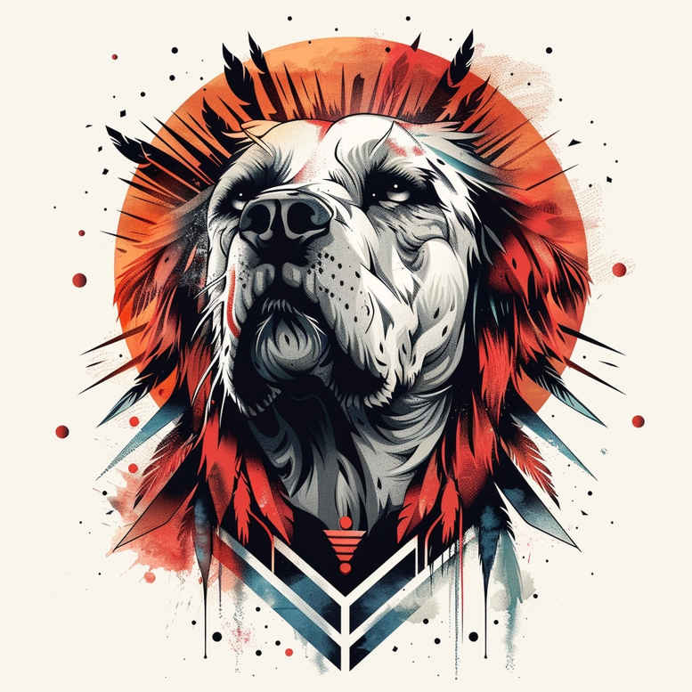 Dog head portrait in black and grey with red circle halo, splatter accents, and chevron pattern; project for cover-up tattoo design.
