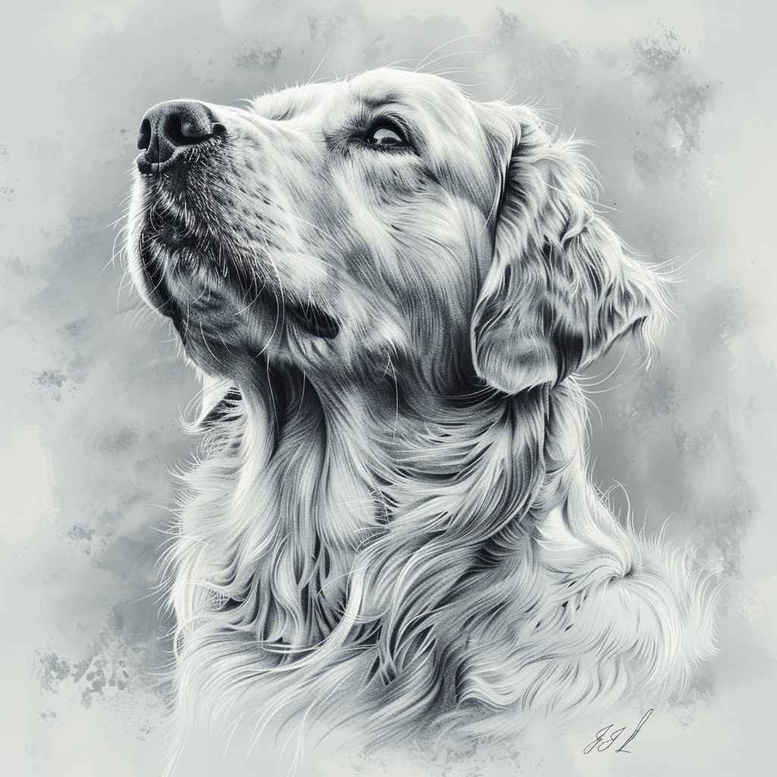 Dog in grayscale portrait, detailed fur, tattoo project in black and grey; suitable for cover-up.