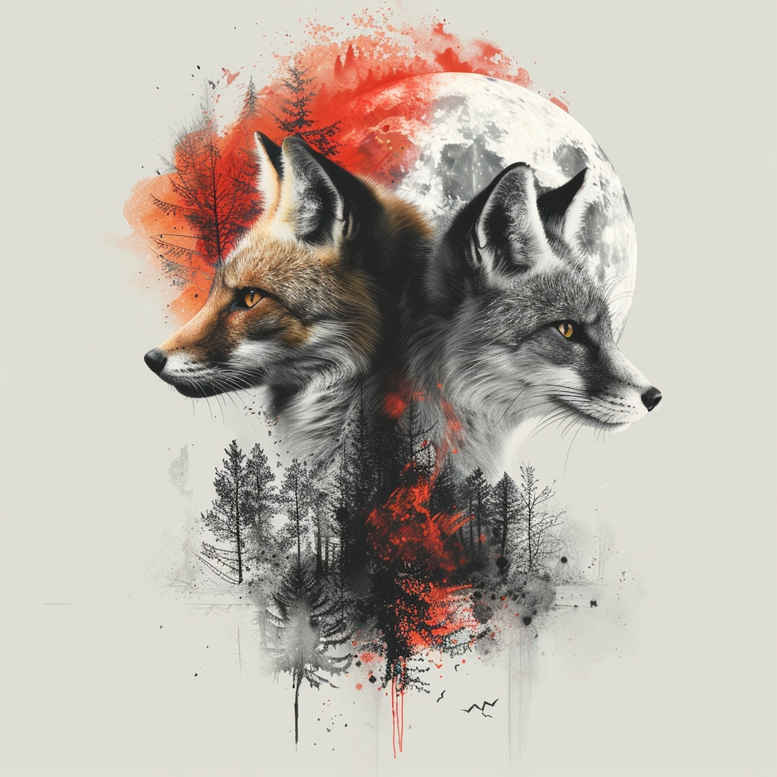 Two fox heads in black and grey with red watercolor accents; circle behind them; ink splashes and grass-like strokes; project idea; not ideal for cover-up.