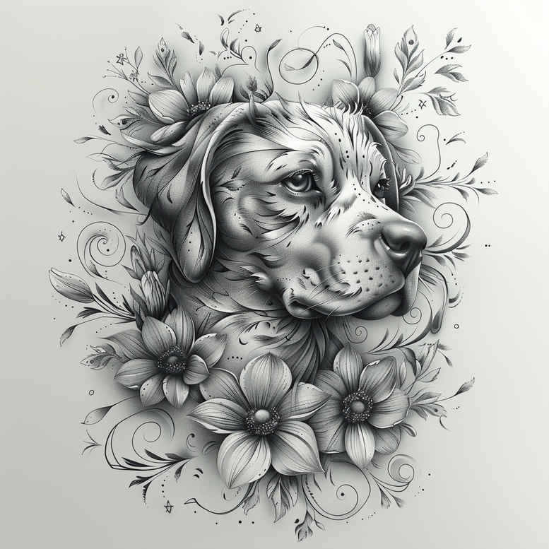 Dog head in black and grey tones surrounded by delicate flowers; tattoo project idea, suitable for a cover-up.