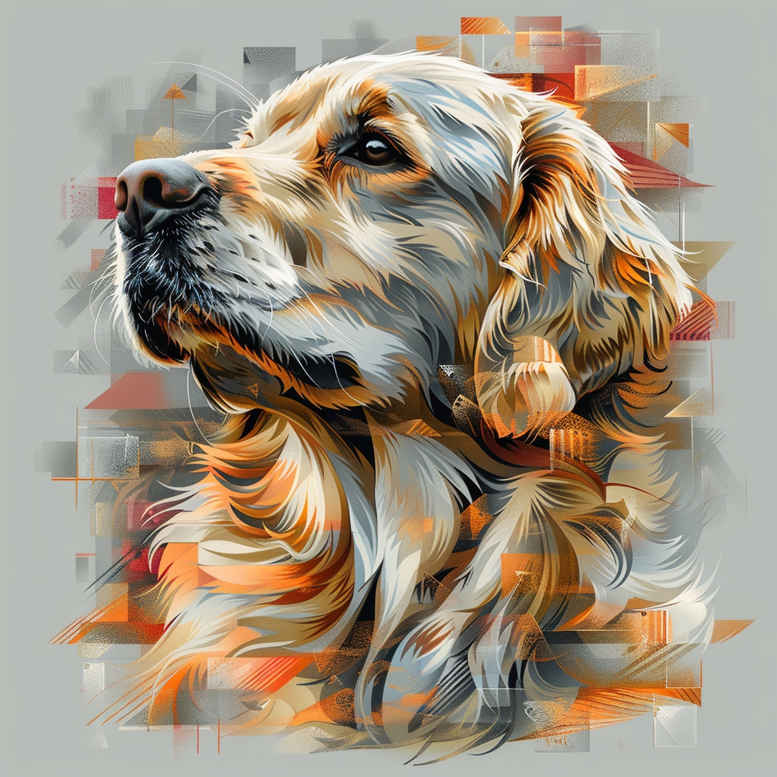 Dog portrait in color with orange-brown fur on a painterly, geometric-patterned background; project idea; not suitable for cover-up.