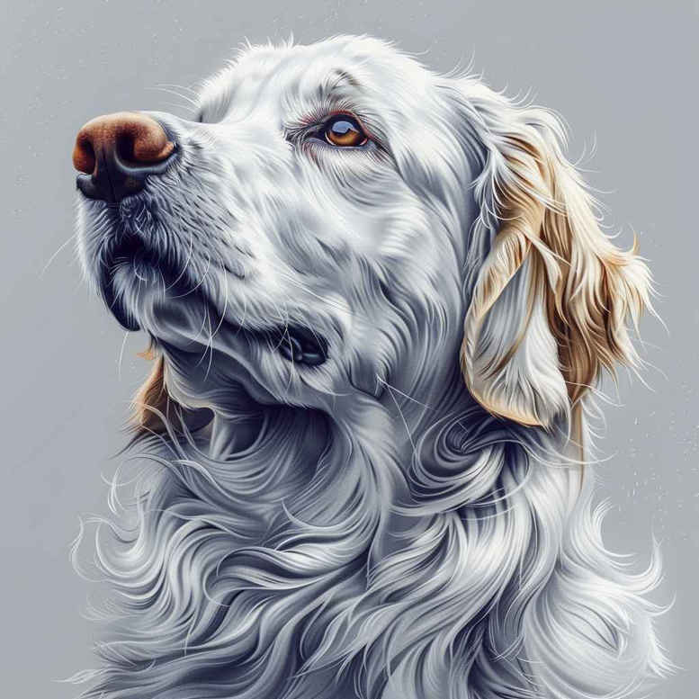 Dog portrait in black and grey with visible eye, nose, ear, fur, and background; tattoo design concept, project idea; not ideal for cover-up.