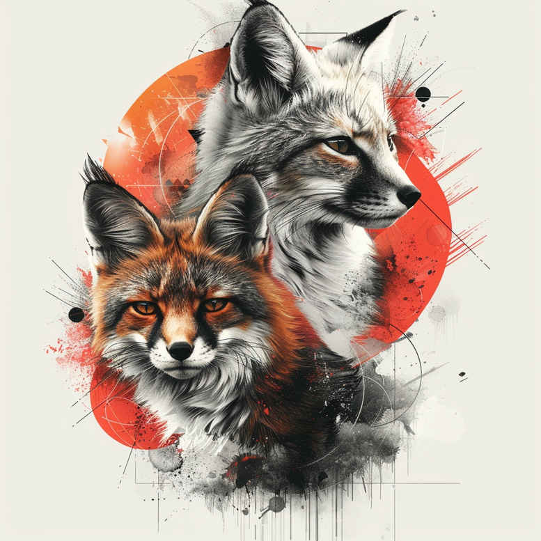 Two fox heads in orange and grey watercolor with a bold red circle backdrop; AI-generated tattoo project concept; pattern elements.