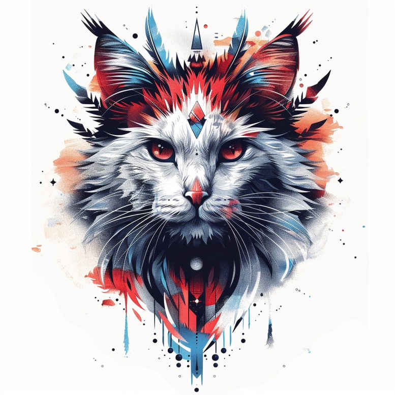 Cat head watercolor tattoo design concept in red, blue, and black on white fur; full color; project idea; suitable for cover-up.