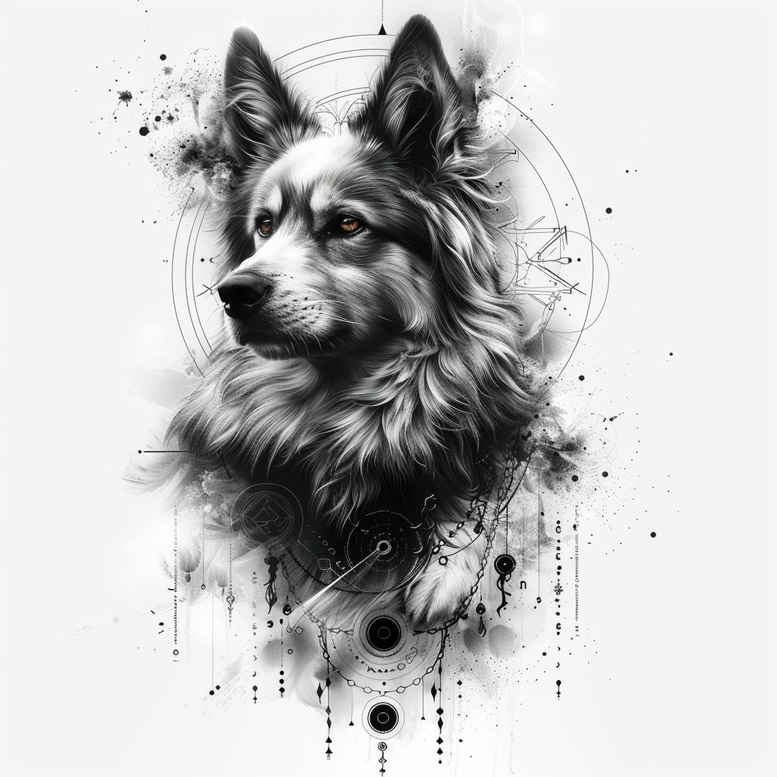 Dog portrait in black and grey ink with splashy background; AI-generated tattoo design idea; suitable for cover-up.