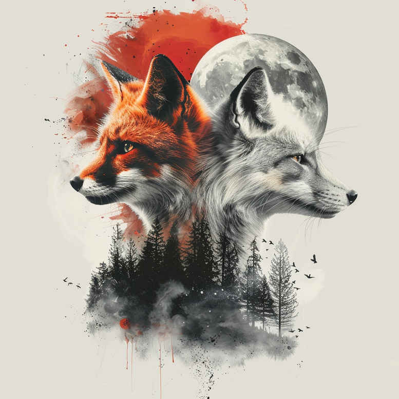 Fox and wolf heads in orange and grey on a watercolor splash with a moon; a cover-up friendly tattoo concept.