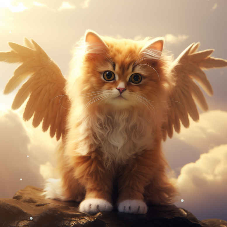 Bright orange kitten with delicate golden wings against a sunlit sky with wispy clouds; project idea for tattoo design, not a cover-up.