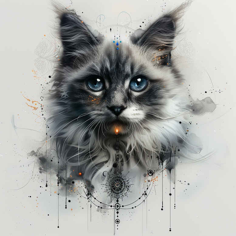 Cat with blue eye and watercolor splash in black and grey; project idea.