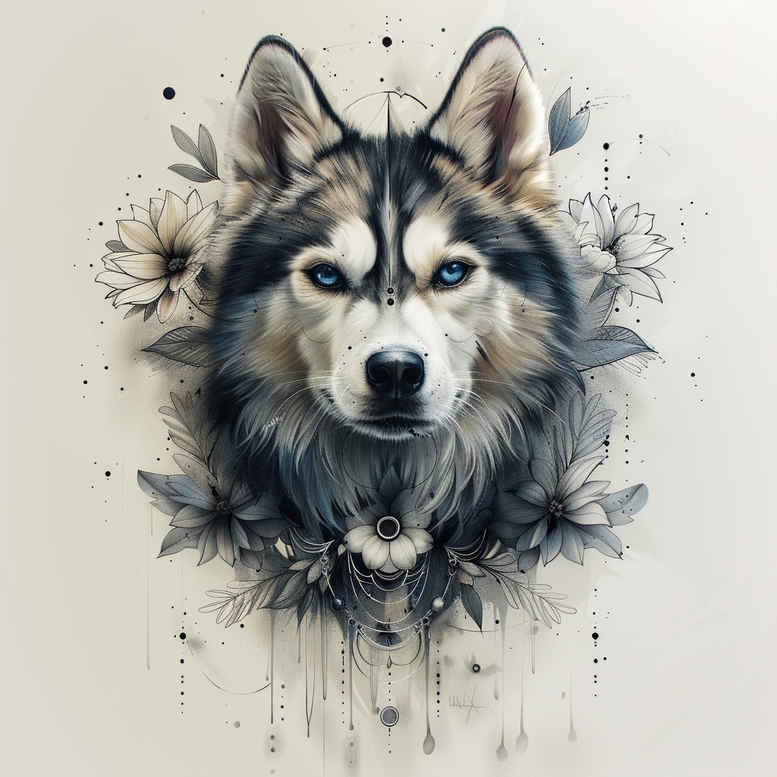Wolf head in black and grey with watercolor flowers and pendant; tattoo design idea; suitable for a cover-up.
