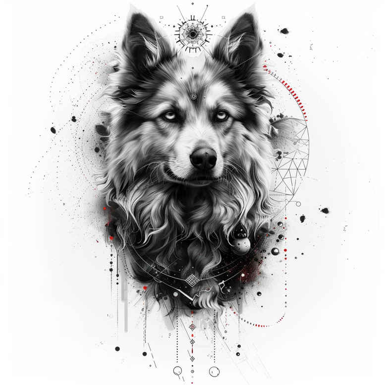 Wolf head in black and grey with watercolor splatter; tattoo project ideation, suitable for a cover-up.