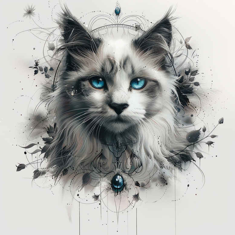 Cat portrait in black and grey watercolor style with blue eyes; tattoo project idea; suitable for a cover-up.
