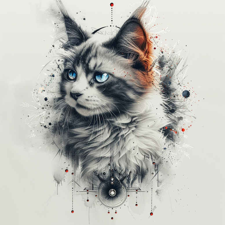 Cat portrait with blue eye in black and grey watercolor ink splashes; tattoo design idea for cover-up.