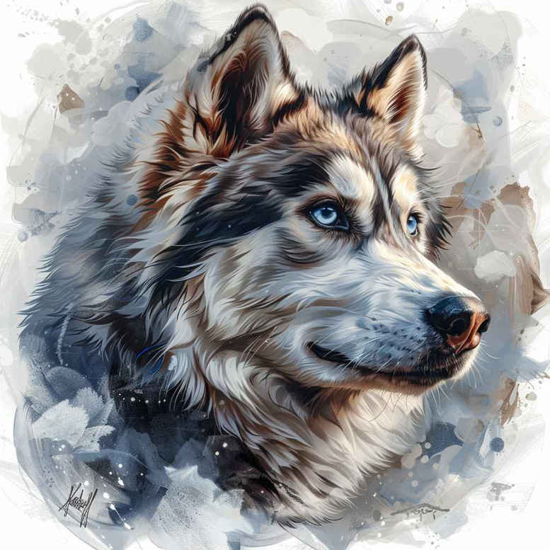 Color wolf head portrait in blue-gray watercolor with icy eyes; project idea, AI-generated tattoo project.
