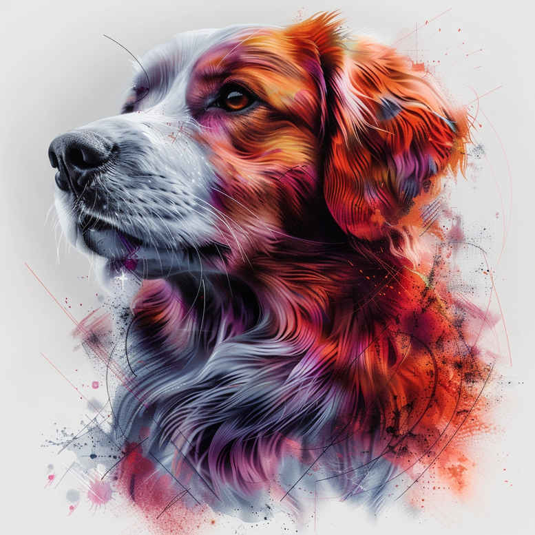 Dog portrait in colorful watercolor splash; tattoo design idea; cover-up: not ideal.