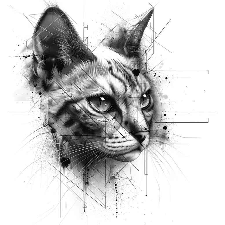 Cat head in black and grey with geometric linework; project concept for a tattoo, suitable for cover-up.
