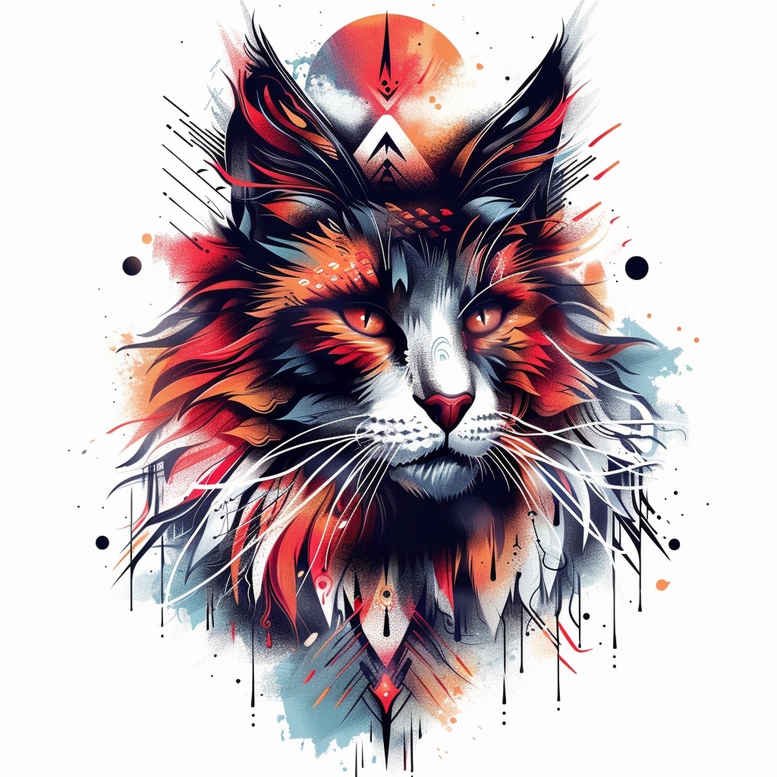 Cat head in watercolor style with red and blue splashes, black and white fur; project tattoo concept.