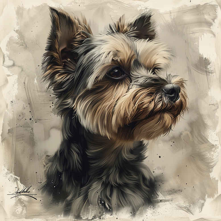 Dog portrait in watercolor style with brown, black, and gray fur on a pale background; tattoo design concept, suitable for a cover-up.