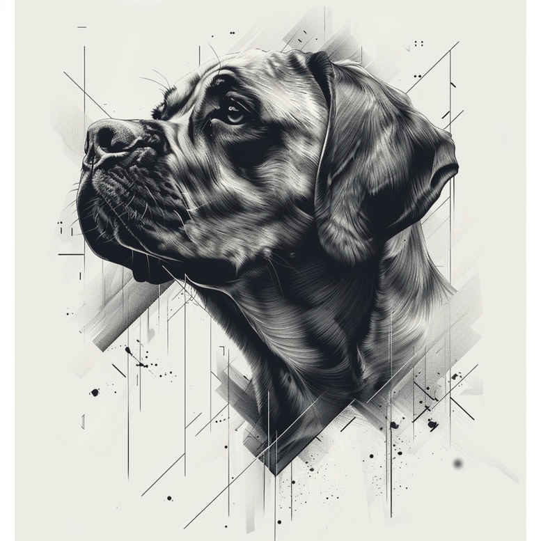A black and grey dog portrait with geometric lines and splatters; a tattoo idea and cover-up project.