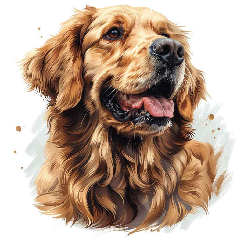 Dog portrait in color, watercolor-style study for a tattoo project; visible eye, ear, nose, and tongue; suitable for cover-up: no.